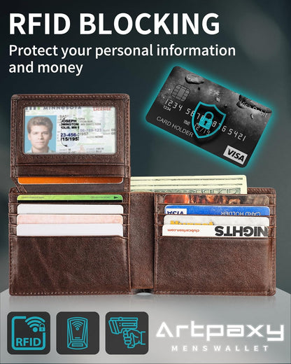 Mens Wallet With AirTag Holder, Bifold Leather RFID Blocking 1-2 ID Windows 12-13 Card Holders, Gift Box and Screen Protector Included, AirTag Not Included