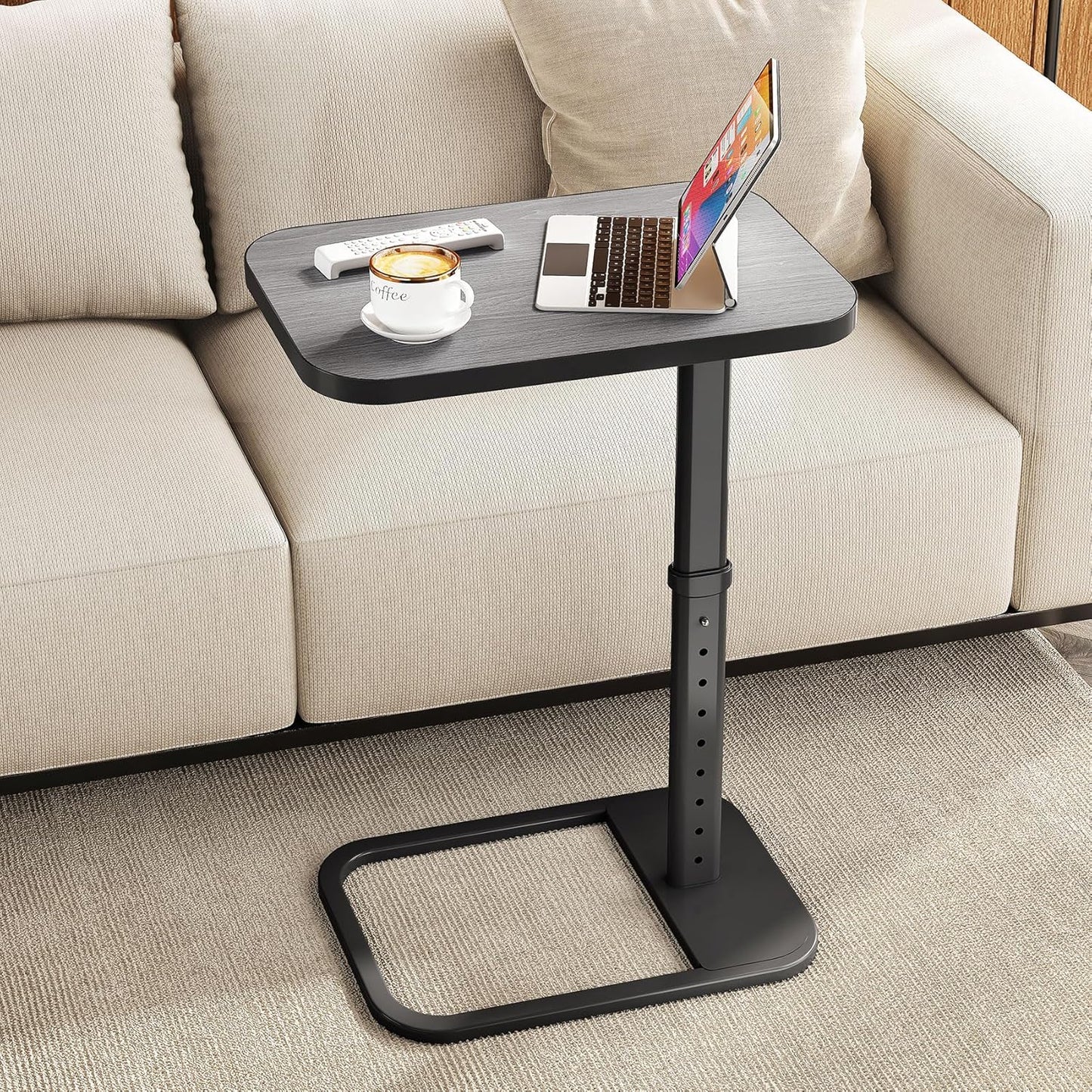 Kitstorack TV Tray Table, Adjustable Height & Flip-Top & Rounded Metal Corners, Snack Table for Couch, Sofa, Bed, Chair, Living Room, C Shaped End Side Table for Eating, Dinner or Laptop, Small Spaces