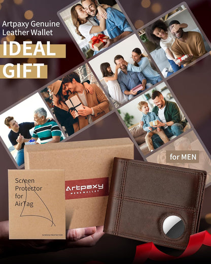 Mens Wallet With AirTag Holder, Bifold Leather RFID Blocking 1-2 ID Windows 12-13 Card Holders, Gift Box and Screen Protector Included, AirTag Not Included