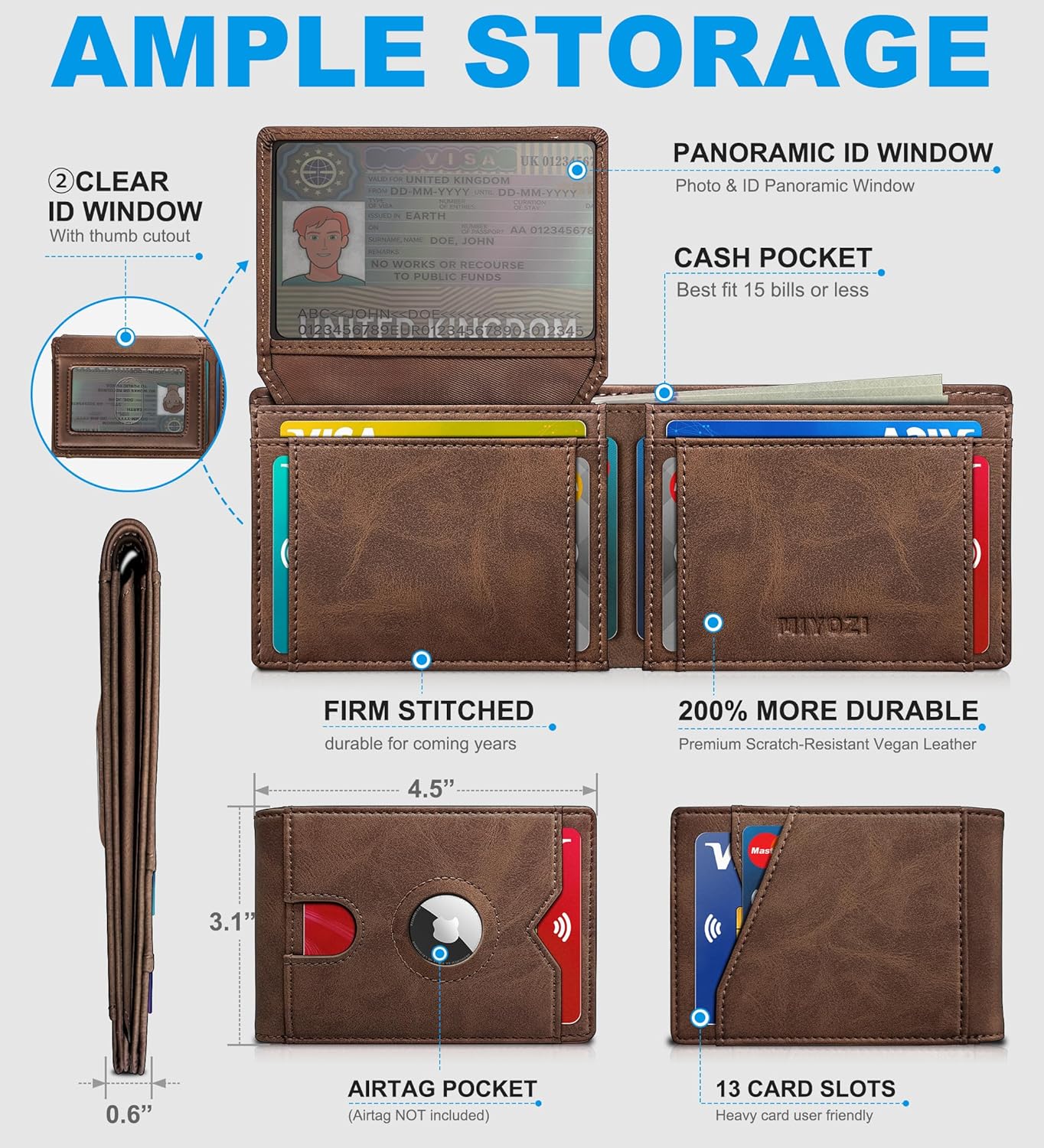 miyozi AirTag Wallet for Men, Slim Leather Bifold with Holder Slot, 2 ID Windows & 13 Card Slots, RFID Blocking Front Pocket Wallet with Gift Box