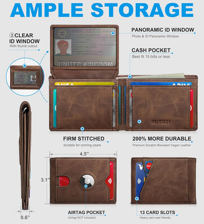 miyozi AirTag Wallet for Men, Slim Leather Bifold with Holder Slot, 2 ID Windows & 13 Card Slots, RFID Blocking Front Pocket Wallet with Gift Box