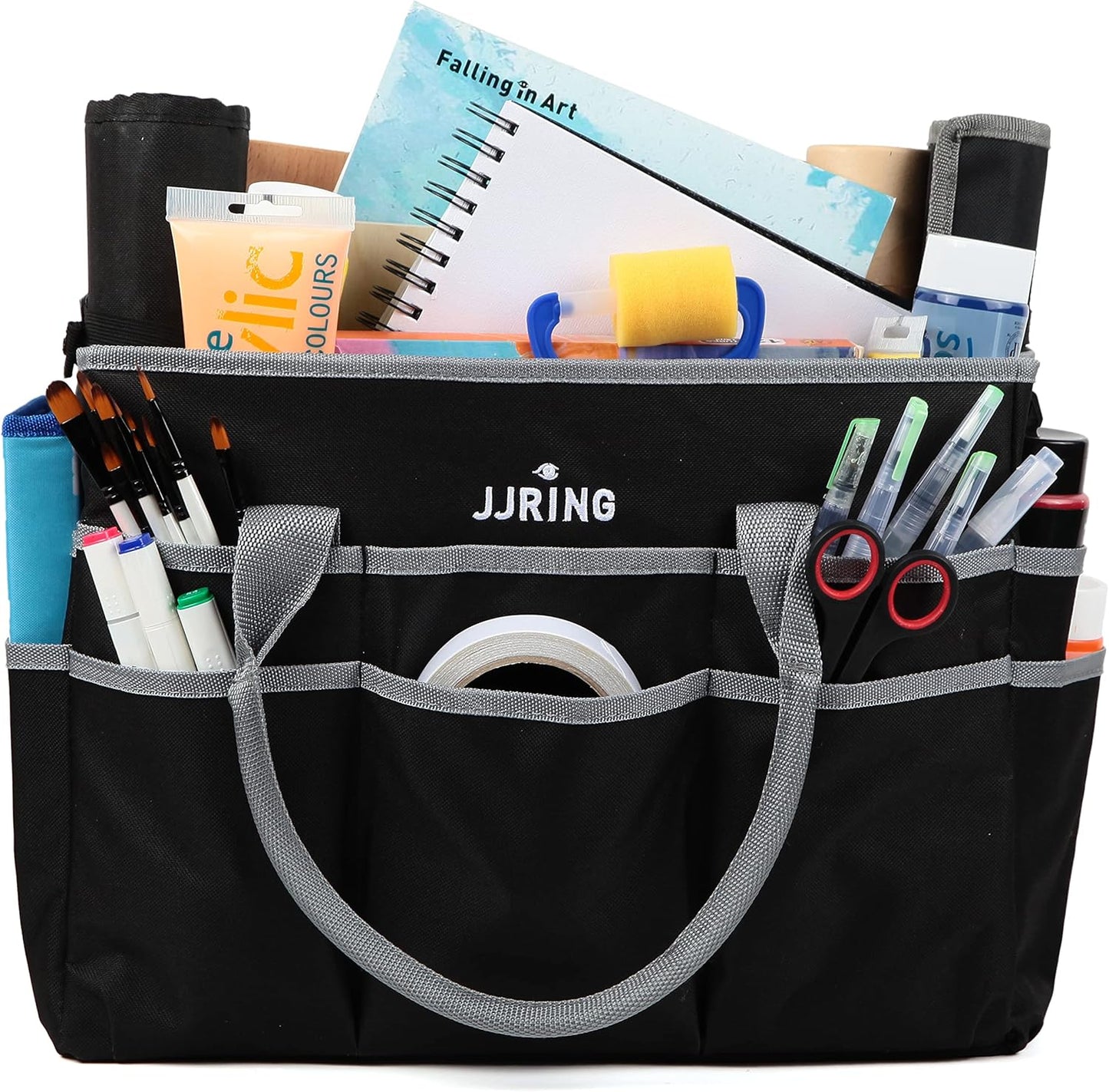 Jjring Craft and Art Organizer Tote Bag - 600D Silver Nylon Fabric Art Caddy with Pockets - for Art, Craft, Sewing, Medical, and Office Supplies Storage