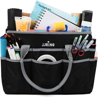 Jjring Craft and Art Organizer Tote Bag - 600D Silver Nylon Fabric Art Caddy with Pockets - for Art, Craft, Sewing, Medical, and Office Supplies Storage