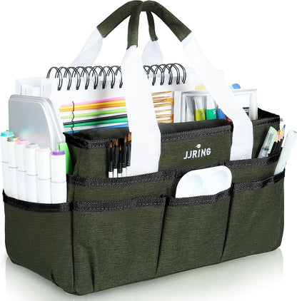 JJRING Craft Organizer Tote Bag for Art Storage, Caddy with Multiple Pockets, Bluish Green Sewing Bag for Scrapbooking, School, Medical, and Office Supplies