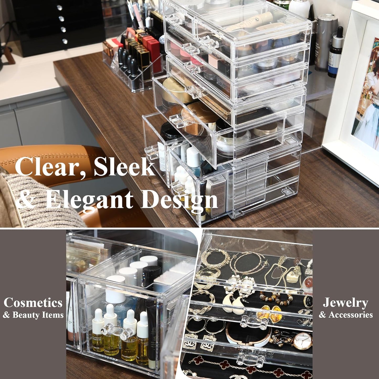 Sea Team Clear Makeup Organizer with Drawers, Acrylic Plastic Cosmetic Display Case, Jewelry Storage Box, Holder for Dresser, Bathroom, Vanity, Countertop (3 Middle Drawers)