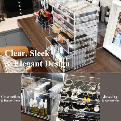 Sea Team Clear Makeup Organizer with Drawers, Acrylic Plastic Cosmetic Display Case, Jewelry Storage Box, Holder for Dresser, Bathroom, Vanity, Countertop (3 Middle Drawers)
