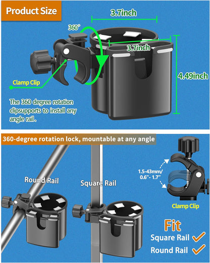 Universal Clamp-on 2-in-1 Cup Holder & Phone Holder for Stroller, Walker, Wheelchair, Fits 12oz-40oz Drinks, Multifunctional Storage Organizer, Pack of 2