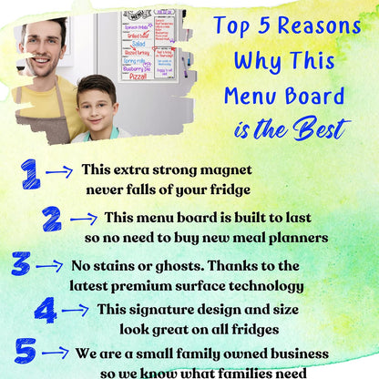 Magnetic Weekly Meal Planner for Fridge – 16” x 12” Dry Erase Menu Board with Grocery List & Notes – Stain-Resistant Whiteboard for Family Meal Planning Includes 3 Magnetic Markers & Eraser
