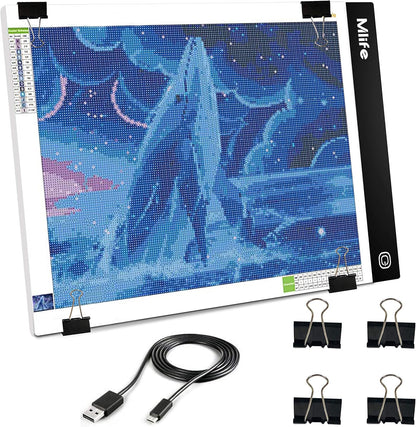 Mlife A2 LED Light Pad for Diamond Art Painting Light Board with 3 Brightness, Tracing Light Board with USB Cable & 4 Fasten Clips for Sketching, Animation, Drawing, Diamond Art Painting Supplies