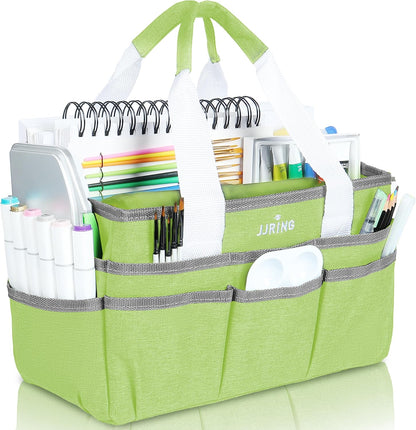 JJRING Craft Organizer Tote Bag for Art Storage, Caddy with Multiple Pockets, Bluish Green Sewing Bag for Scrapbooking, School, Medical, and Office Supplies
