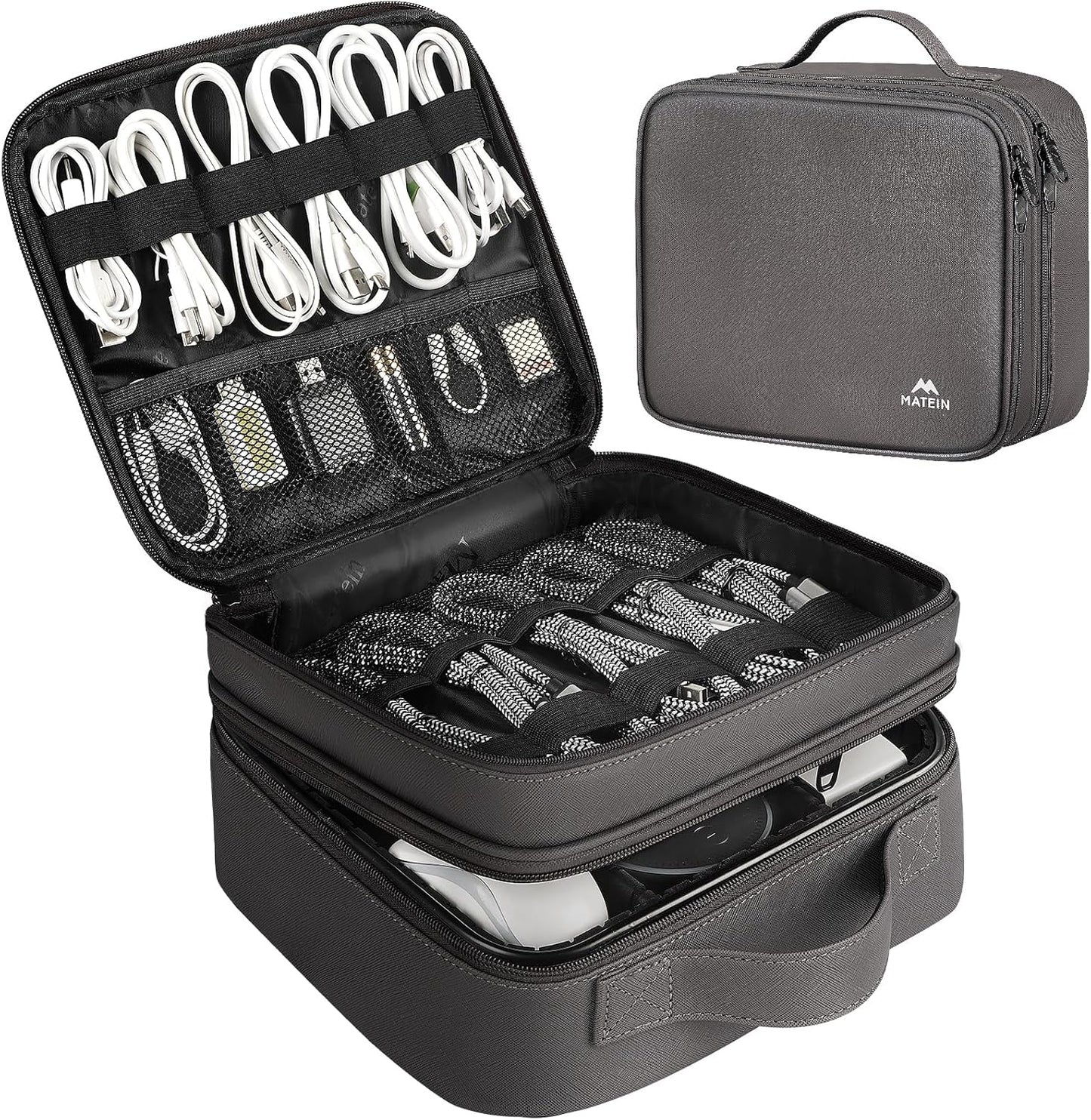 MATEIN Cable Organizer Bag, Waterproof Travel Electronic Storage, Shockproof Portable Double Layer Tech Bags Carrying Case for Cord, Earbuds, Charger, SD Card, DJ Gifts, Black