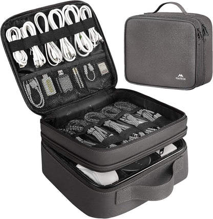MATEIN Cable Organizer Bag, Waterproof Travel Electronic Storage, Shockproof Portable Double Layer Tech Bags Carrying Case for Cord, Earbuds, Charger, SD Card, DJ Gifts, Black