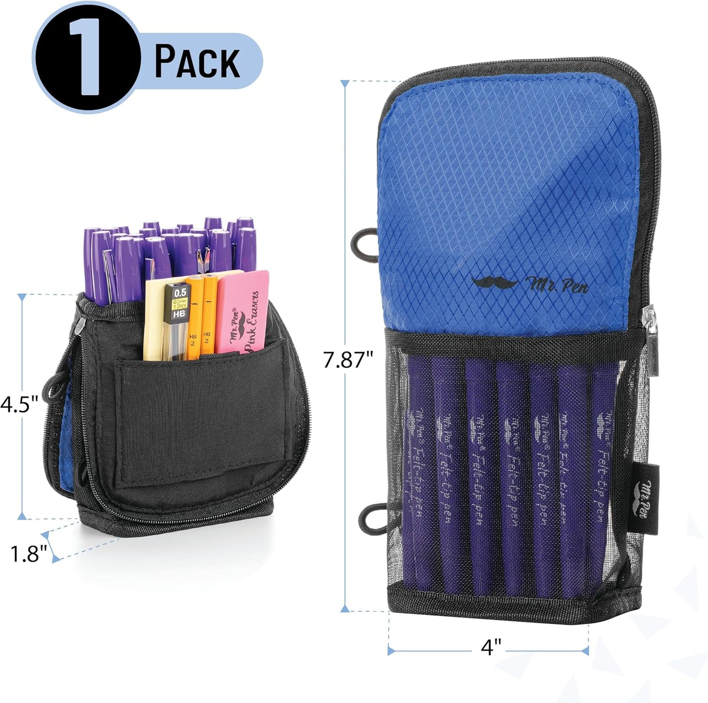 Mr. Pen- Standing Pencil Case Pouch, Sit & Lay Mesh-View Design, Black & Gray, Interior Pocket & 2 Elastic Binder Loops, Cute Pencil Case for Girls and Boys
