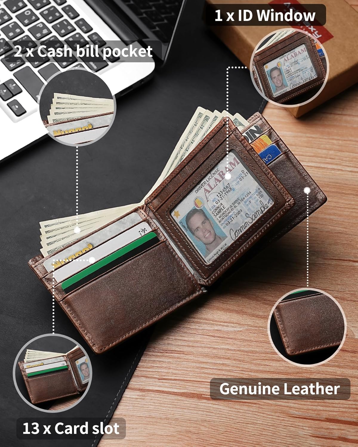 Mens Wallet With AirTag Holder, Bifold Leather RFID Blocking 1-2 ID Windows 12-13 Card Holders, Gift Box and Screen Protector Included, AirTag Not Included