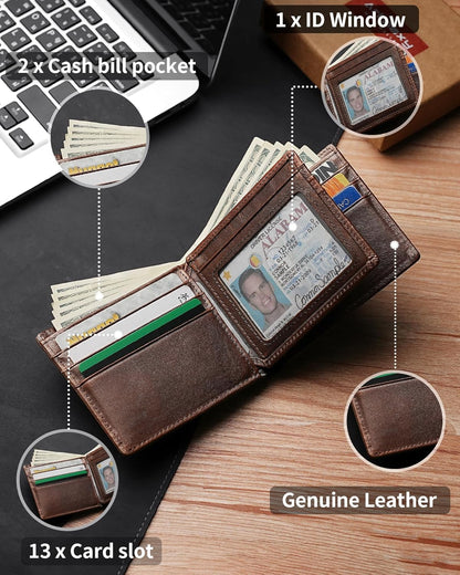 Mens Wallet With AirTag Holder, Bifold Leather RFID Blocking 1-2 ID Windows 12-13 Card Holders, Gift Box and Screen Protector Included, AirTag Not Included