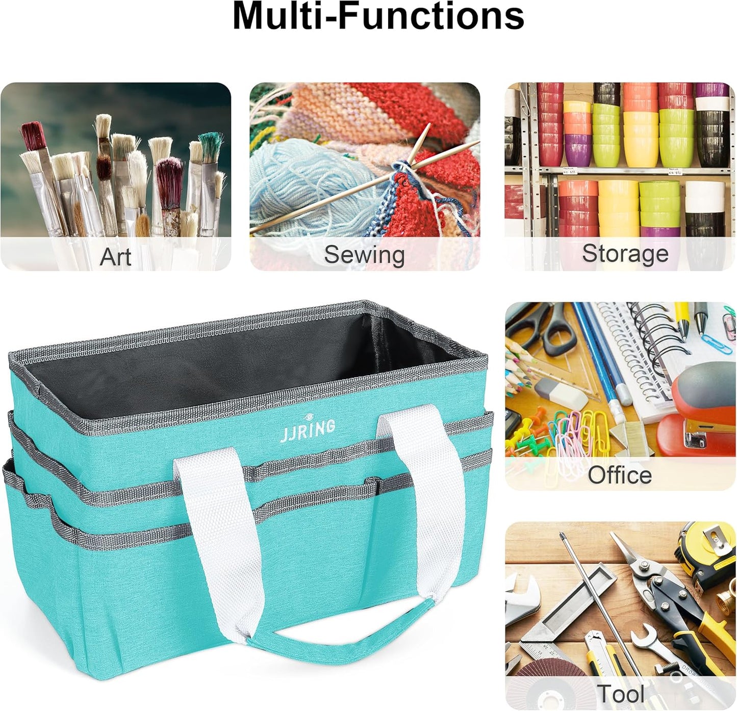 JJRING Craft Organizer Tote Bag for Art Storage, Caddy with Multiple Pockets, Bluish Green Sewing Bag for Scrapbooking, School, Medical, and Office Supplies