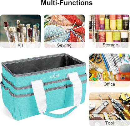 JJRING Craft Organizer Tote Bag for Art Storage, Caddy with Multiple Pockets, Bluish Green Sewing Bag for Scrapbooking, School, Medical, and Office Supplies
