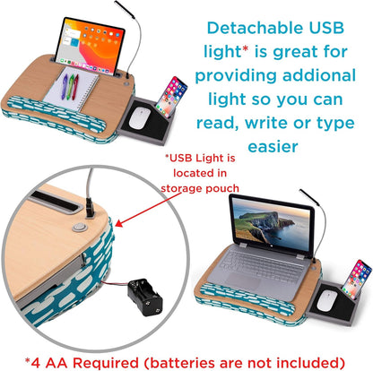 BIRDROCK HOME Deluxe Lap Desk with Pillow Cushion and Wrist Rest - Padded Laptop Desk for Bed, USB Light and Mouse Pad, With Reading Light, Soft Table for Home, Fits Laptops Up to 15" - Teal and Brown