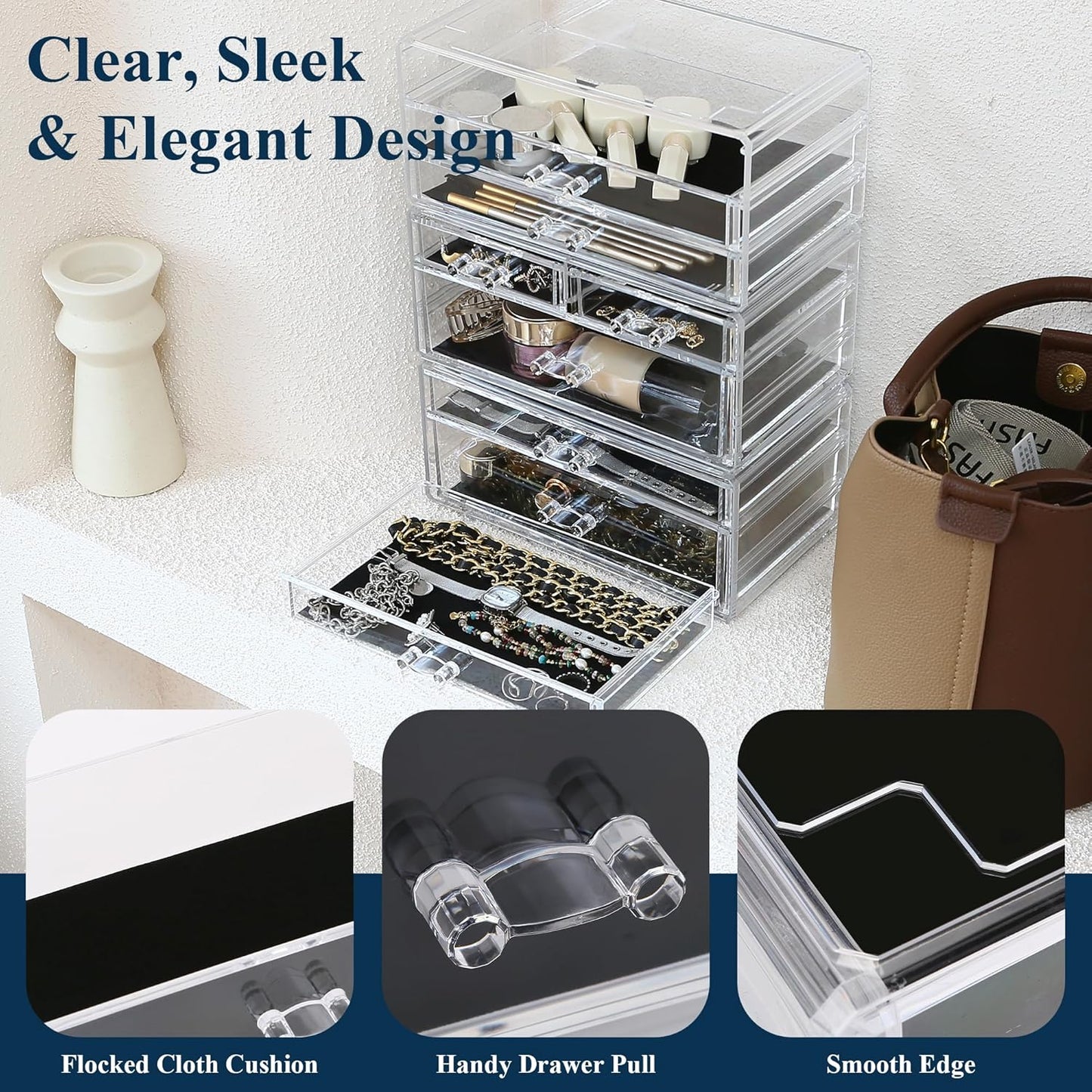 Sea Team Clear Makeup Organizer with Drawers, Acrylic Plastic Cosmetic Display Case, Jewelry Storage Box, Holder for Dresser, Bathroom, Vanity, Countertop (3 Middle Drawers)