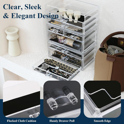 Sea Team Clear Makeup Organizer with Drawers, Acrylic Plastic Cosmetic Display Case, Jewelry Storage Box, Holder for Dresser, Bathroom, Vanity, Countertop (3 Middle Drawers)