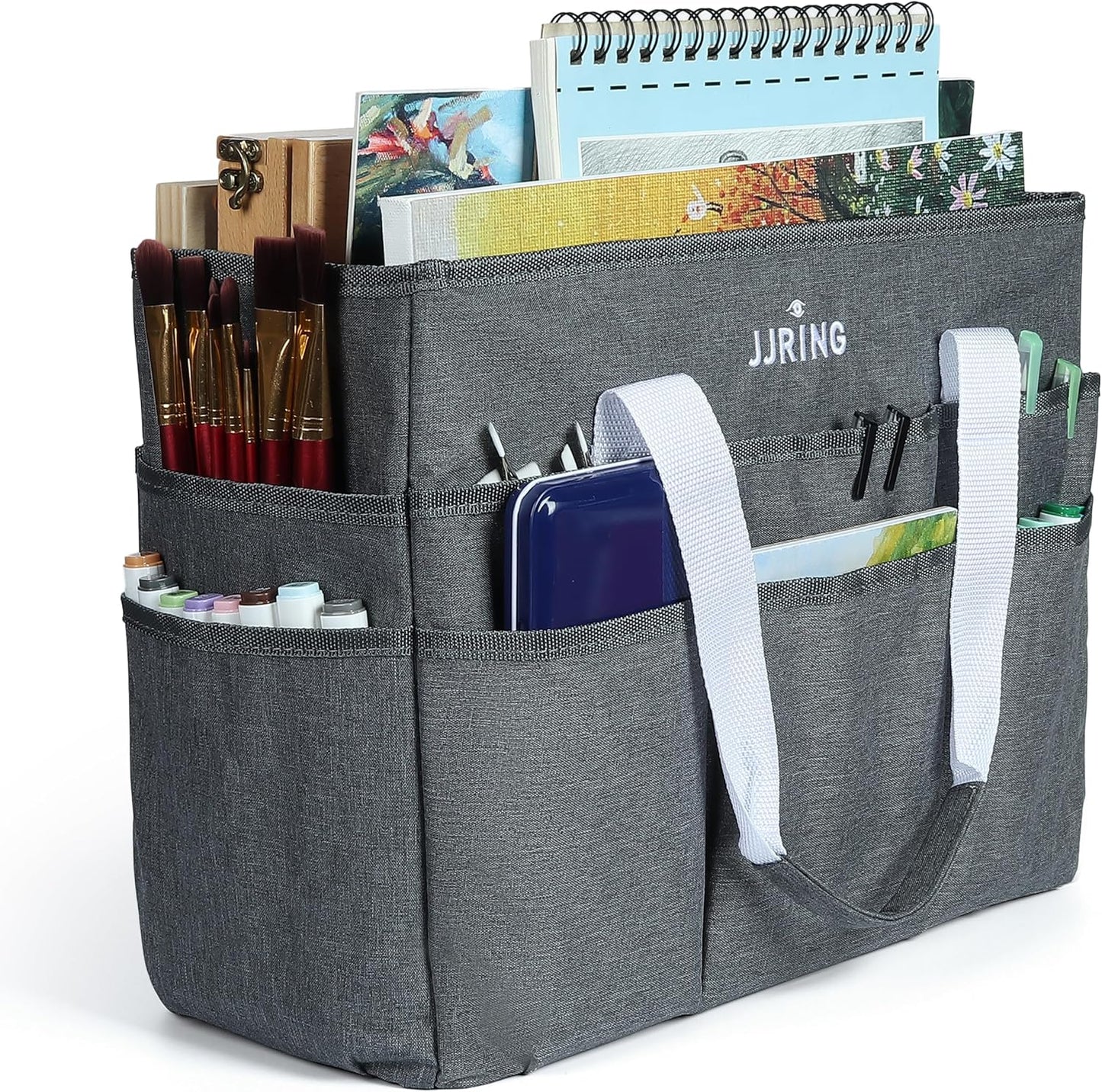 JJRING Craft Organizer Tote Bag for Art Storage, Caddy with Multiple Pockets, Bluish Green Sewing Bag for Scrapbooking, School, Medical, and Office Supplies