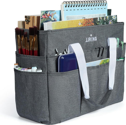 JJRING Craft Organizer Tote Bag for Art Storage, Caddy with Multiple Pockets, Bluish Green Sewing Bag for Scrapbooking, School, Medical, and Office Supplies