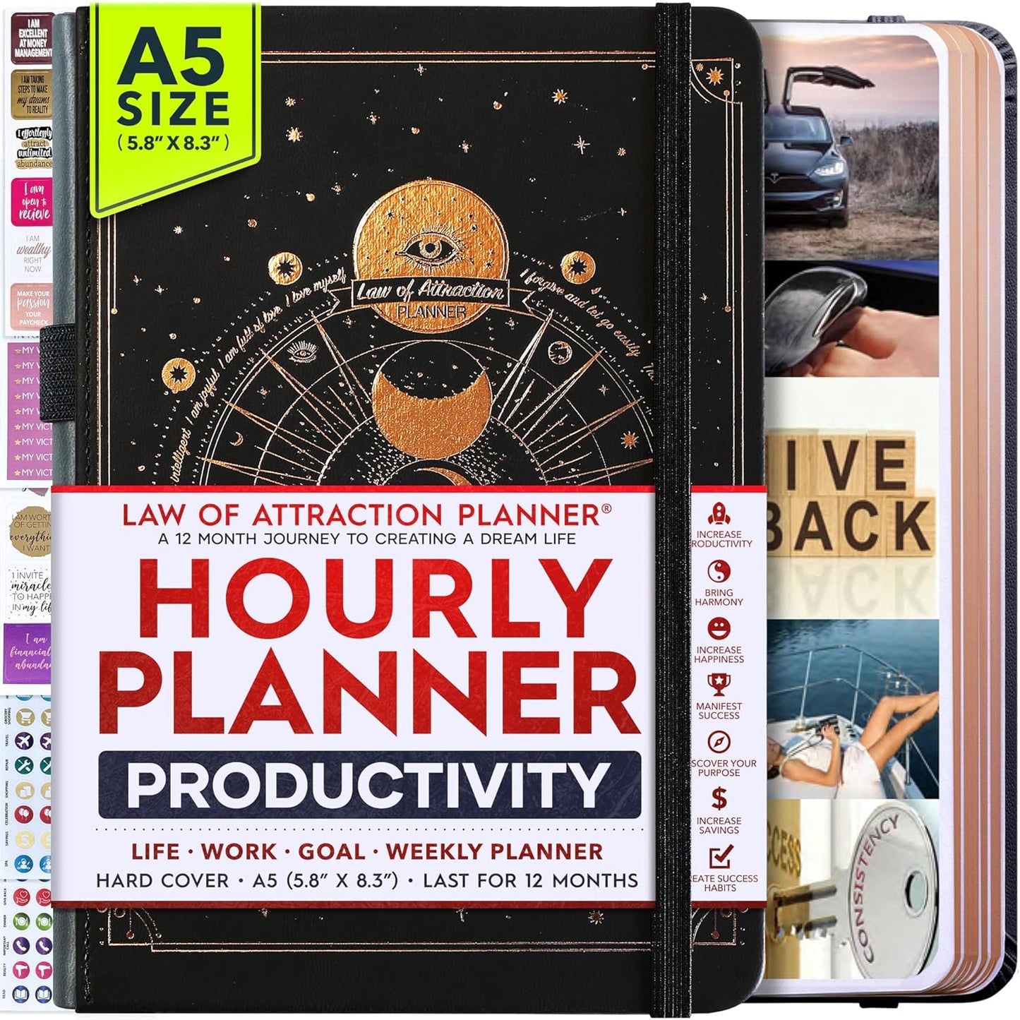 Life Planner - Undated Weekly & Monthly Planner, 12-Month Journey to Increase Productivity | Gratitude Journal, Life Organizer & Goal Journal | Include Foldable Vision Board, Habit Tracker & Stickers