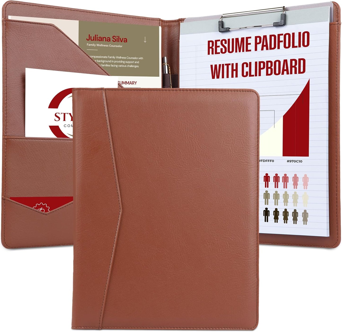 STYLIO Padfolio Portfolio Organizer Binder | Interview Resume Folder, Legal Document, Business Card Holder |w/Letter-Sized Notepad | Handsome Piano Noir Faux Leather Folio Matte Finish, Accent Stitch