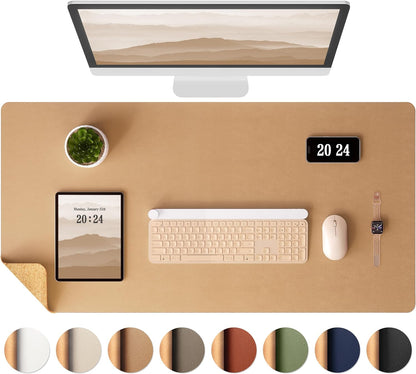 Aothia Dual-Sided Desk Pad - 25.6x13.7 inches Leather Desk Mat, Natural Cork Desk Pad Protector, Large Mouse Pad for Desk, Waterproof Desk Blotter Pad, Desk Writing Pad for Office Work/Home, Black