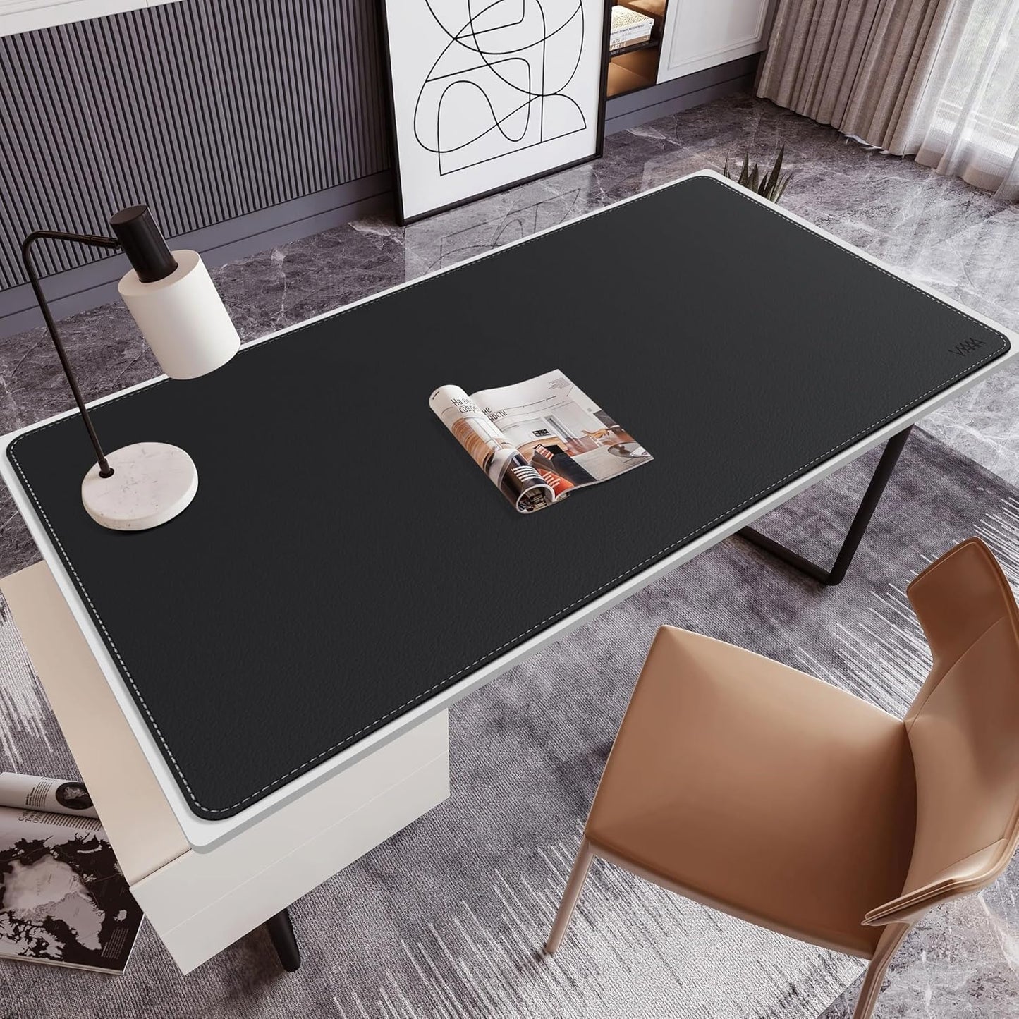 Vyaaa PU Leather & Cork Desk Mat, 39.4"x15.7" Dual Sided Computer Desk mat, Waterproof Large Mouse Pad, Non-Slip Office Desk pad, Office Desk Protector for Work/Gaming/Home (Black)