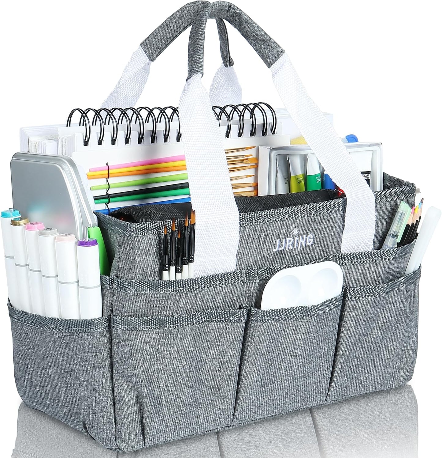 JJRING Craft Organizer Tote Bag for Art Storage, Caddy with Multiple Pockets, Bluish Green Sewing Bag for Scrapbooking, School, Medical, and Office Supplies