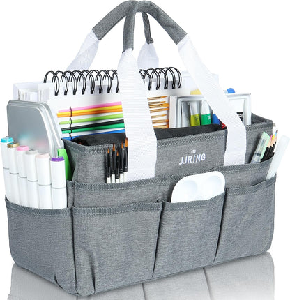 JJRING Craft Organizer Tote Bag for Art Storage, Caddy with Multiple Pockets, Bluish Green Sewing Bag for Scrapbooking, School, Medical, and Office Supplies
