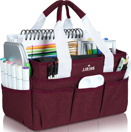 JJRING Craft Organizer Tote Bag for Art Storage, Caddy with Multiple Pockets, Bluish Green Sewing Bag for Scrapbooking, School, Medical, and Office Supplies