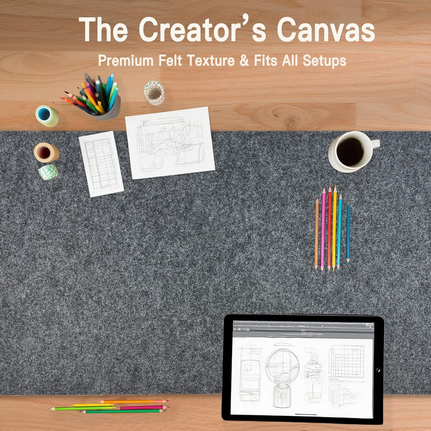 Large Felt Desk Mat, 35.4"x15.4" Felt Desk Pad - Non-Slip Keyboard Mat & Mouse Pad for Office and Gaming, Water Resistant Desktop Protector for Computer, Home, Work (Black Gray)