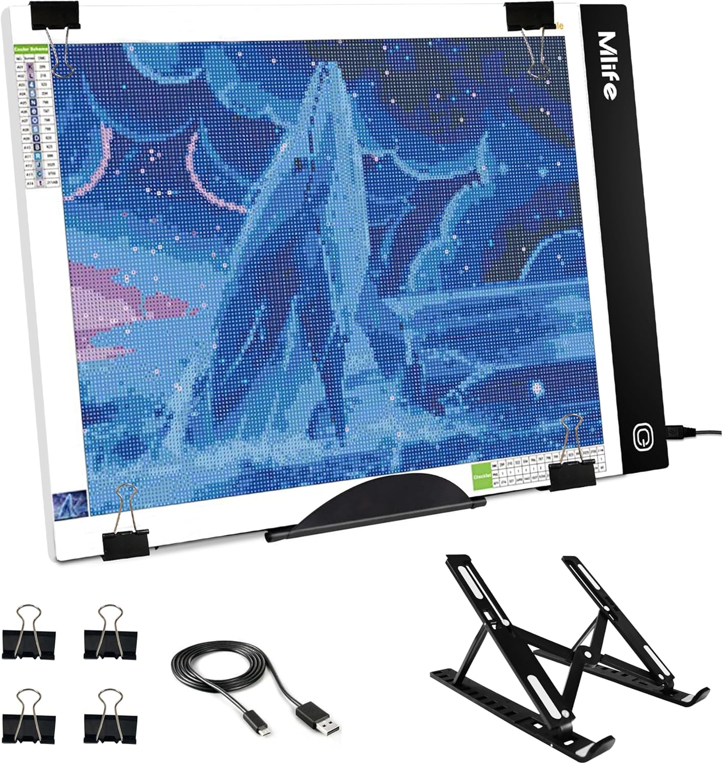 Mlife A2 LED Light Pad for Diamond Painting Kits, Diamond Art Light Board, USB Powered Tracing Light Board Diamond Art Accessories for Drawing, Sketching, Animation with Stand & 4 Fasten Clips