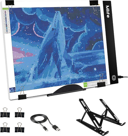 Mlife A2 LED Light Pad for Diamond Painting Kits, Diamond Art Light Board, USB Powered Tracing Light Board Diamond Art Accessories for Drawing, Sketching, Animation with Stand & 4 Fasten Clips