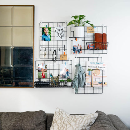2 Pack Wire Wall Grid Panel With Accessories | Includes Hanging Basket, Shelf & Hook Rack | Photo Grid Wall Panels | Hanging Home, Office & Kitchen Décor | Metal & Black