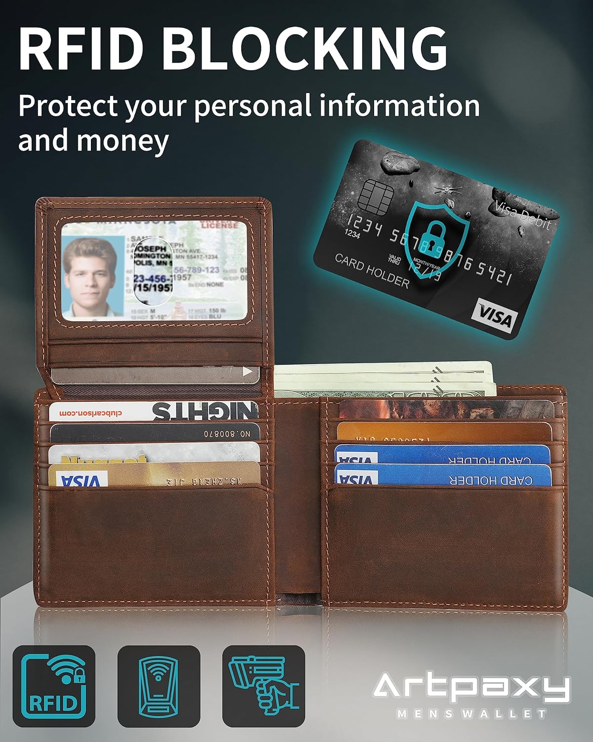 Mens Wallet With AirTag Holder, Bifold Leather RFID Blocking 1-2 ID Windows 12-13 Card Holders, Gift Box and Screen Protector Included, AirTag Not Included
