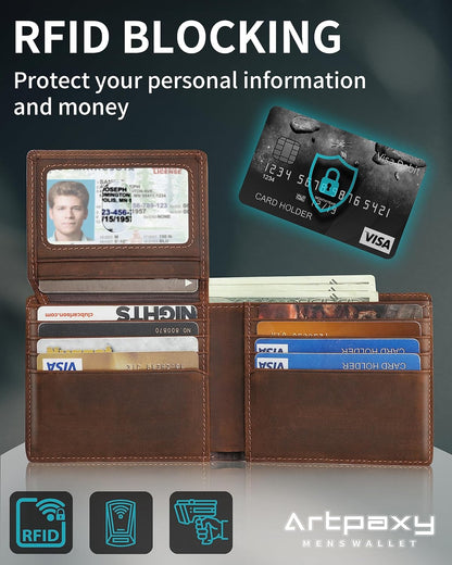 Mens Wallet With AirTag Holder, Bifold Leather RFID Blocking 1-2 ID Windows 12-13 Card Holders, Gift Box and Screen Protector Included, AirTag Not Included
