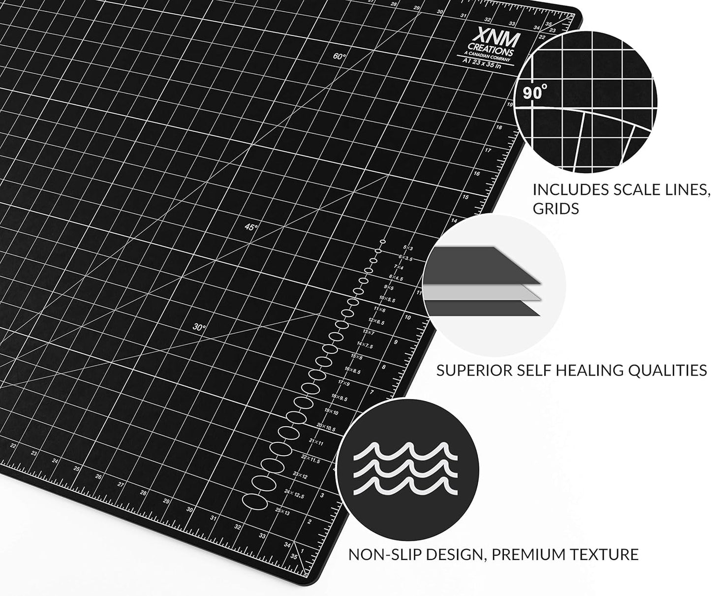 XNM Premium Self Healing Cutting Mat - 18 Inches by 24 inches - A2, 3 Layer Quality PVC Construction - Dual Sided, Imperial and Metric Grid Lines - Perfect for Cutting, Sewing, and Crafts