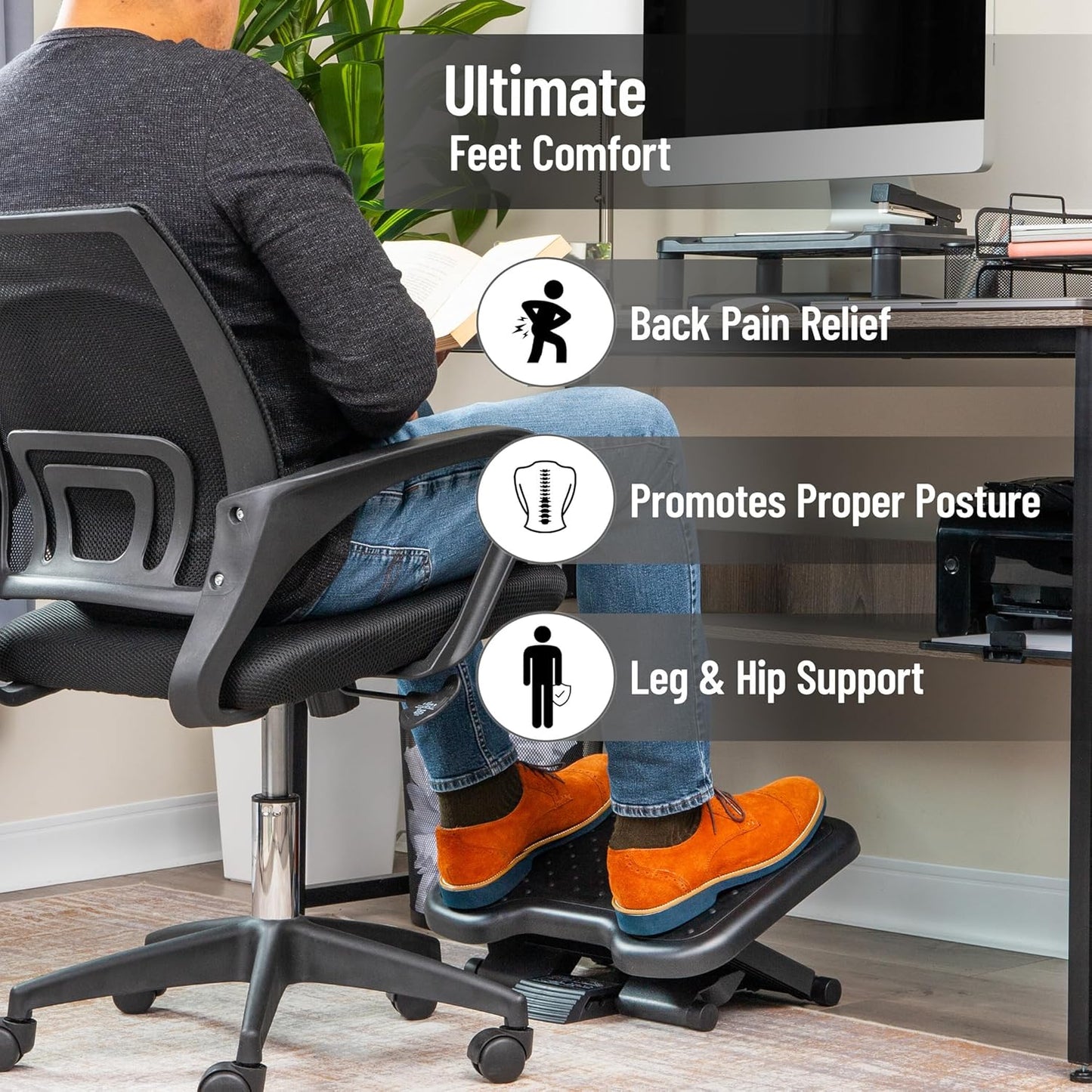 Mind Reader Foot Rest, Under Desk at Work, Ergonomic, Height Adjustable, Office, Plastic, Black