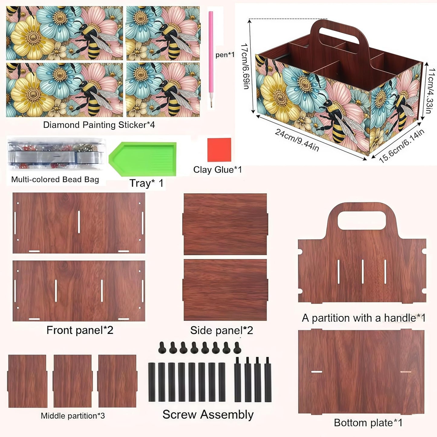 LSQFS DIY Diamond Painting Storage Box, Wooden Multi-Grid Organizer with Handle, Portable Desktop Caddy for Art Kits, Craft Tools, Makeup Brushes, Stationery Home Office
