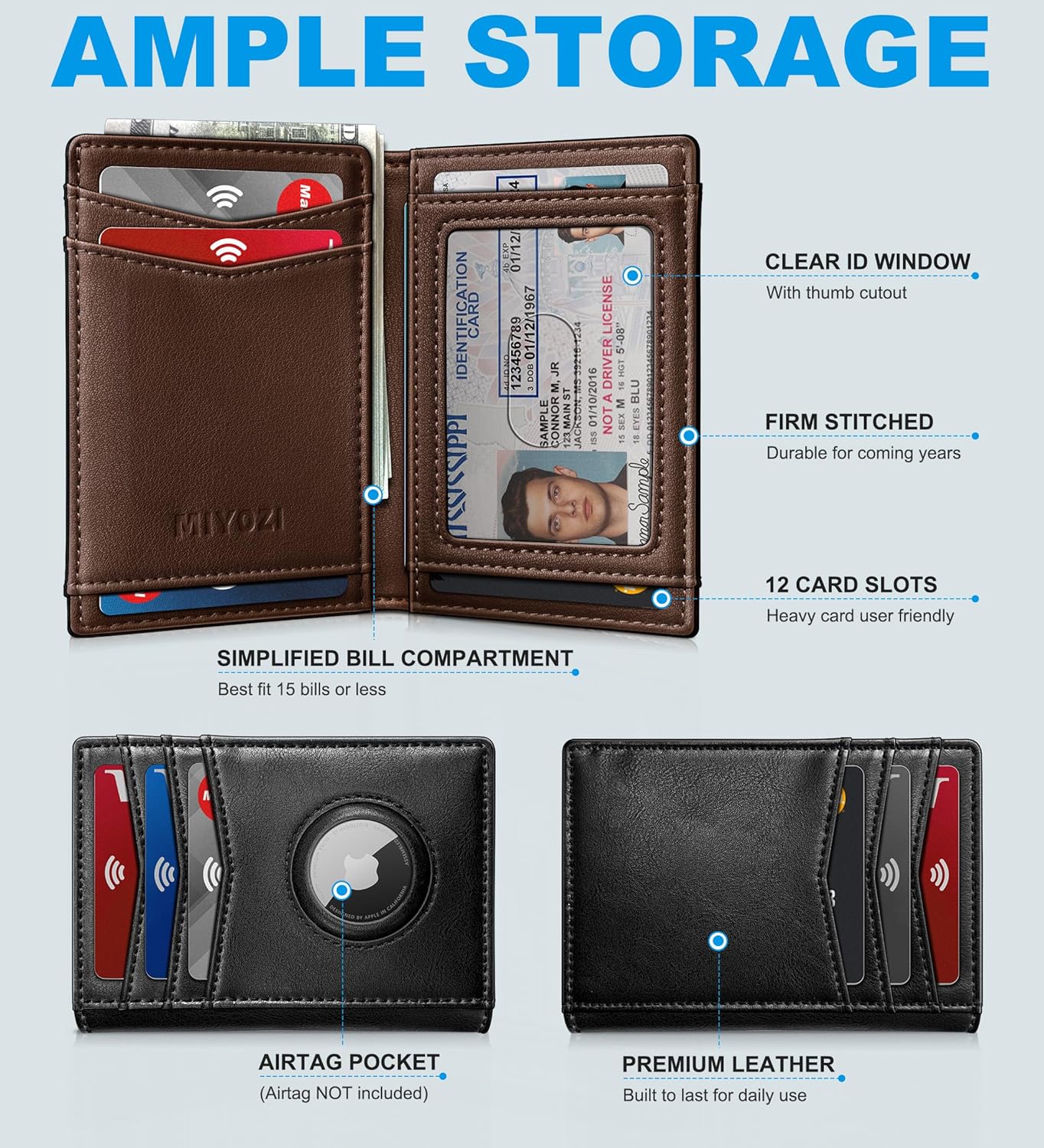 miyozi Airtag Slim Leather Wallet for Men - 12-Card Capacity, Magnetic Closure, Money Clip & Simplified Bill Compartment, RFID Blocking (4.3" x 3.0") | Gift Boxed
