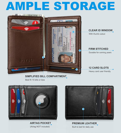 miyozi Airtag Slim Leather Wallet for Men - 12-Card Capacity, Magnetic Closure, Money Clip & Simplified Bill Compartment, RFID Blocking (4.3" x 3.0") | Gift Boxed