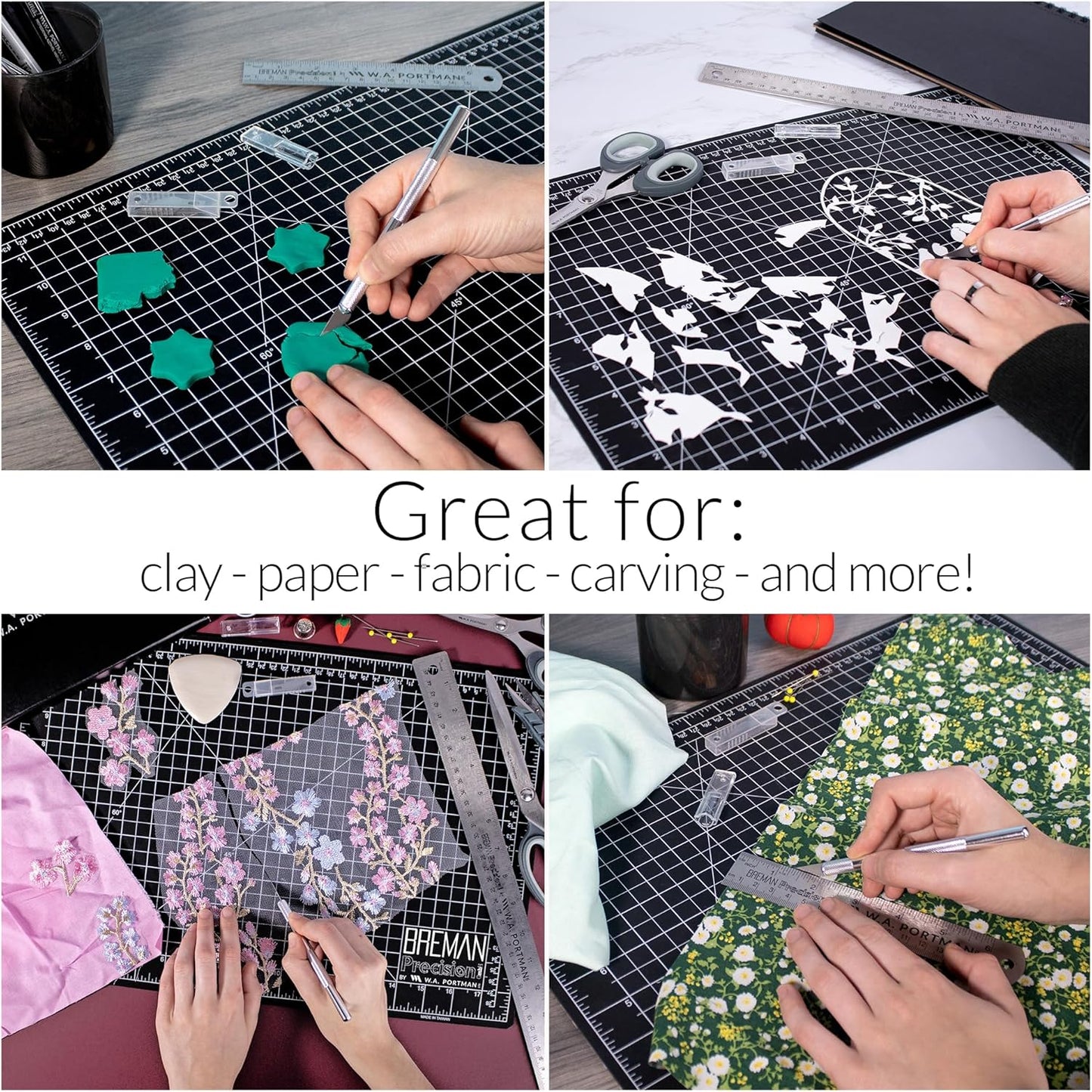 WA Portman 12x18 Inch Self Healing Cutting Mats for Crafts – Fabric Cutting Mat with Precision Craft Knife, 10#11 Hobby Knife Blades & Metal Ruler 18 Inch Cork Backed Ruler – All-in-One Craft Kit