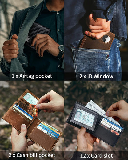 Mens Wallet With AirTag Holder, Bifold Leather RFID Blocking 1-2 ID Windows 12-13 Card Holders, Gift Box and Screen Protector Included, AirTag Not Included
