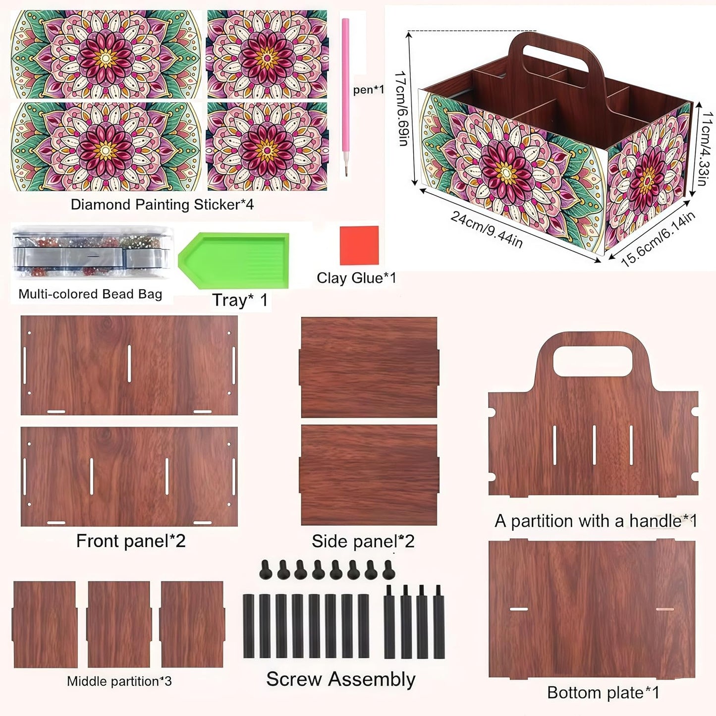 LSQFS DIY Diamond Painting Storage Box, Wooden Multi-Grid Organizer with Handle, Portable Desktop Caddy for Art Kits, Craft Tools, Makeup Brushes, Stationery Home Office