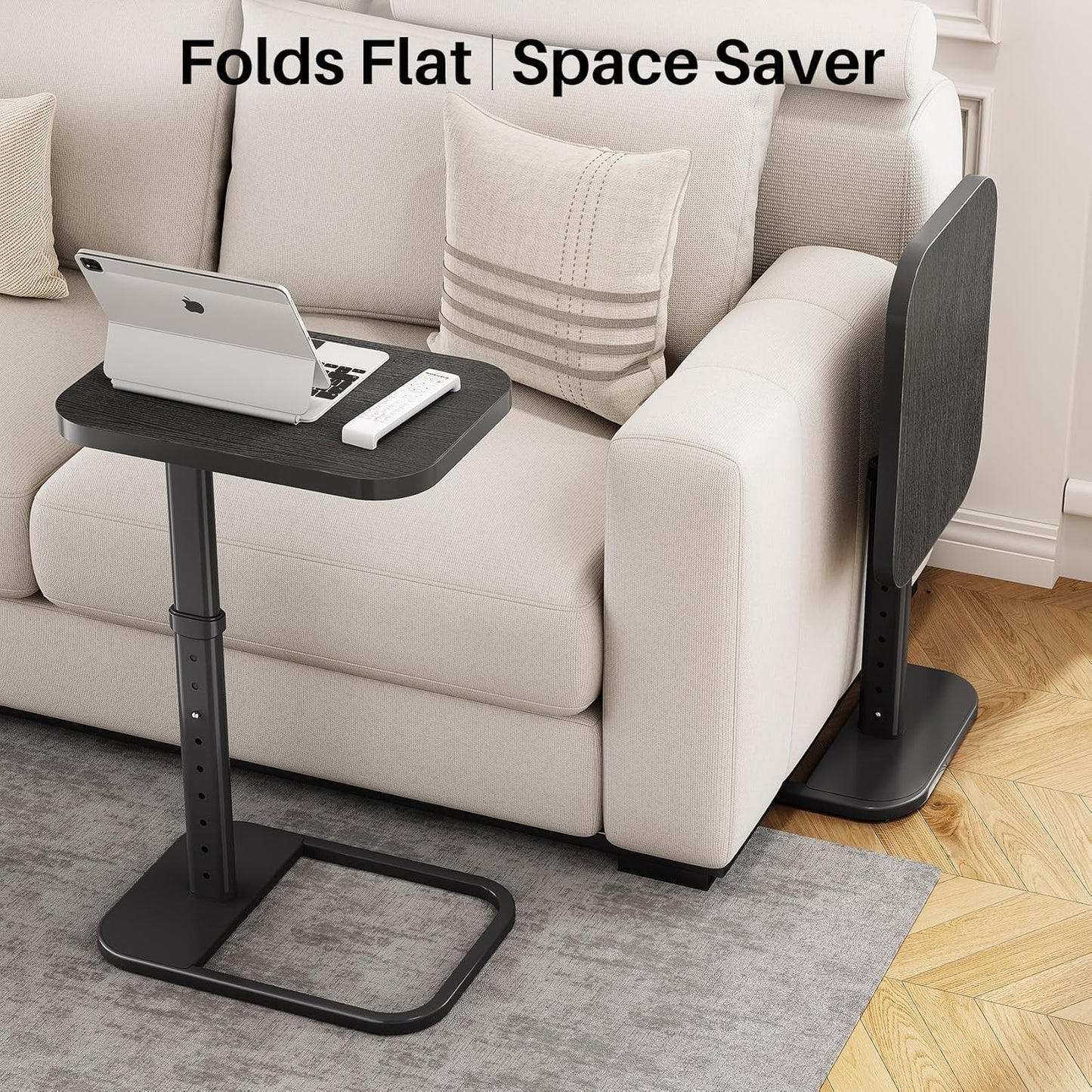 Kitstorack TV Tray Table, Adjustable Height & Flip-Top & Rounded Metal Corners, Snack Table for Couch, Sofa, Bed, Chair, Living Room, C Shaped End Side Table for Eating, Dinner or Laptop, Small Spaces