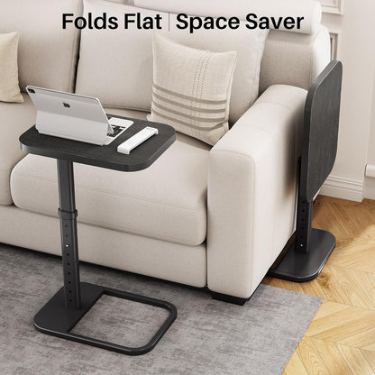 Kitstorack TV Tray Table, Adjustable Height & Flip-Top & Rounded Metal Corners, Snack Table for Couch, Sofa, Bed, Chair, Living Room, C Shaped End Side Table for Eating, Dinner or Laptop, Small Spaces