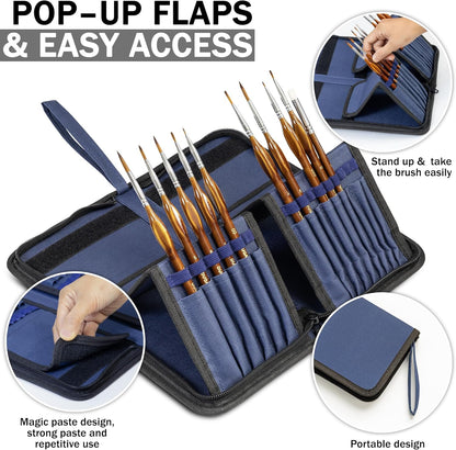 DUGATO Short Paint Brush Holder & Organizer 5.4x10.7 Inches, Blue Canvas Bag for Brushes up to 9.3" Length, Case with 15 Slots, Artist Brush Carrying Case (Brush Not Included)